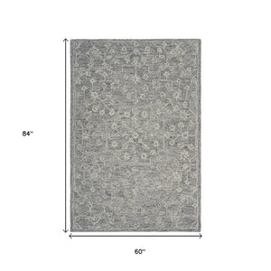 HomeRoots 5' Gray Floral Finesse Area Rug – Hand-Hooked Wool Design for Contemporary Living Spaces and Durability 5' X 7' Rectangle 395787