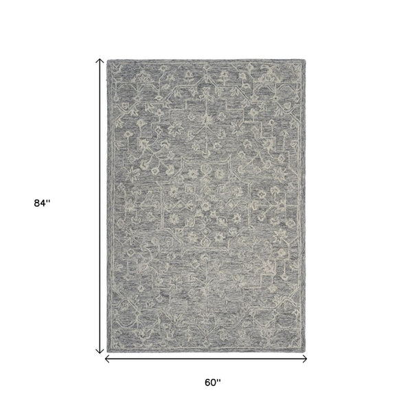 HomeRoots 5' Gray Floral Finesse Area Rug – Hand-Hooked Wool Design for Contemporary Living Spaces and Durability 5' X 7' Rectangle 395787