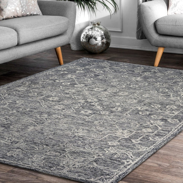 HomeRoots 5' Gray Floral Finesse Area Rug – Hand-Hooked Wool Design for Contemporary Living Spaces and Durability 5' X 7' Rectangle 395787