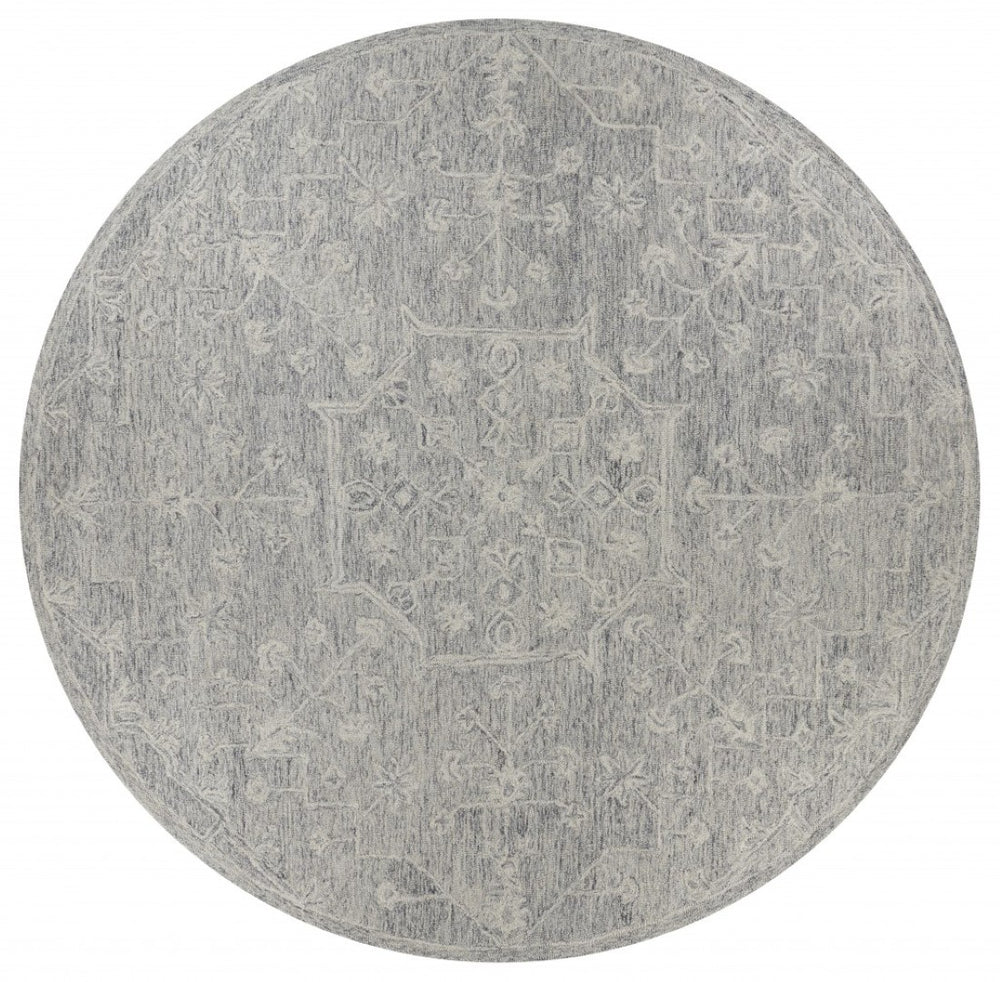 HomeRoots 5' Gray Floral Finesse Area Rug – Hand-Hooked Wool Design for Contemporary Living Spaces and Durability 8' Round Round 395789