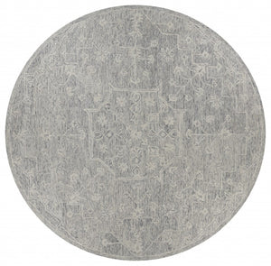 HomeRoots 5' Gray Floral Finesse Area Rug – Hand-Hooked Wool Design for Contemporary Living Spaces and Durability 8' Round Round 395789