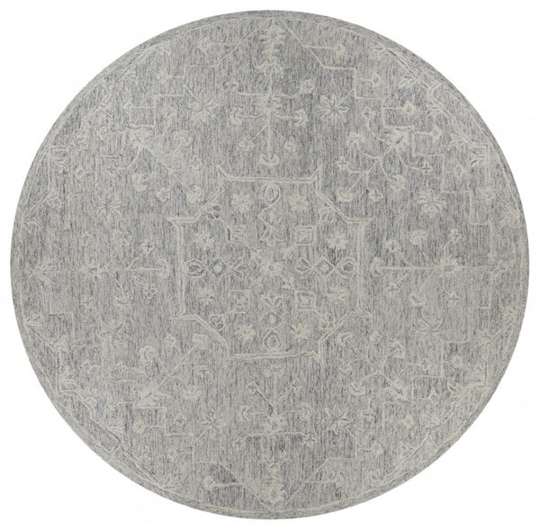 HomeRoots 5' Gray Floral Finesse Area Rug – Hand-Hooked Wool Design for Contemporary Living Spaces and Durability 8' Round Round 395789