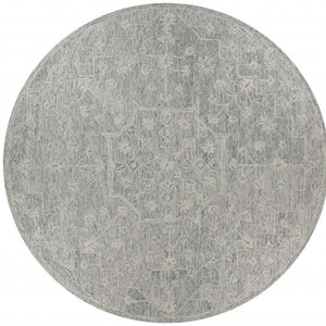 HomeRoots 5' Gray Floral Finesse Area Rug – Hand-Hooked Wool Design for Contemporary Living Spaces and Durability 8' Round Round 395789