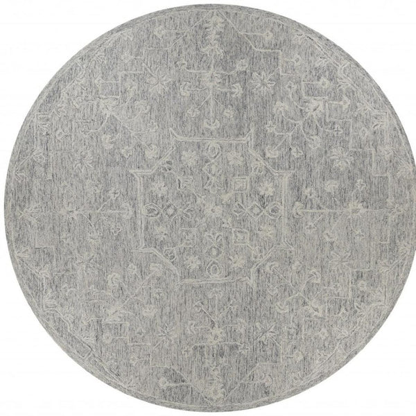 HomeRoots 5' Gray Floral Finesse Area Rug – Hand-Hooked Wool Design for Contemporary Living Spaces and Durability 8' Round Round 395789