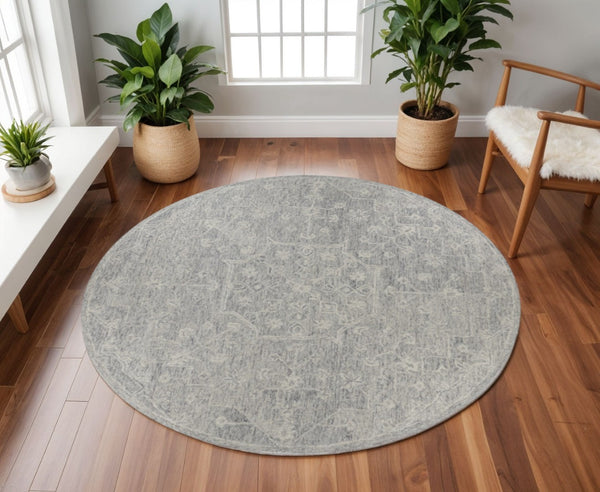HomeRoots 5' Gray Floral Finesse Area Rug – Hand-Hooked Wool Design for Contemporary Living Spaces and Durability 8' Round Round 395789