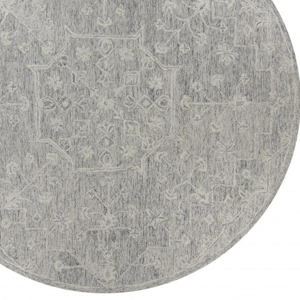 HomeRoots 5' Gray Floral Finesse Area Rug – Hand-Hooked Wool Design for Contemporary Living Spaces and Durability 8' Round Round 395789