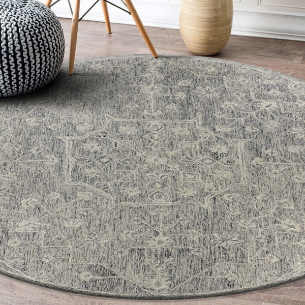 HomeRoots 5' Gray Floral Finesse Area Rug – Hand-Hooked Wool Design for Contemporary Living Spaces and Durability 8' Round Round 395789