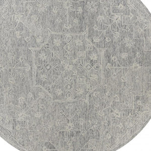 HomeRoots 5' Gray Floral Finesse Area Rug – Hand-Hooked Wool Design for Contemporary Living Spaces and Durability 8' Round Round 395789