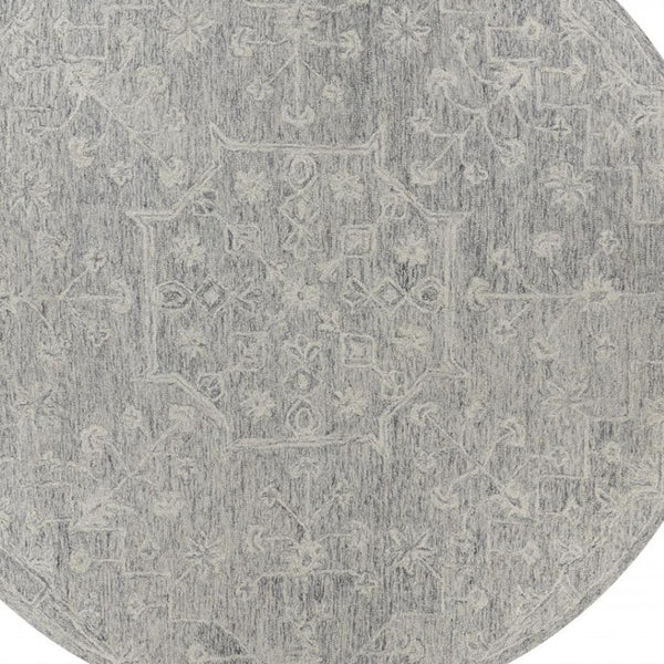 HomeRoots 5' Gray Floral Finesse Area Rug – Hand-Hooked Wool Design for Contemporary Living Spaces and Durability 8' Round Round 395789