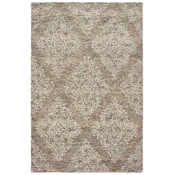 Homeroots 9' X 12' Khaki And White Damask Area Rug  Wool 395804