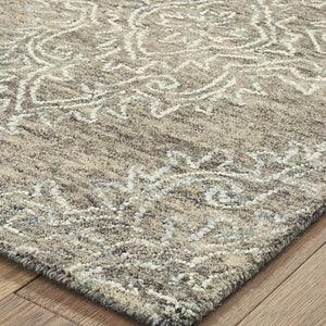 Homeroots 9' X 12' Khaki And White Damask Area Rug  Wool 395804