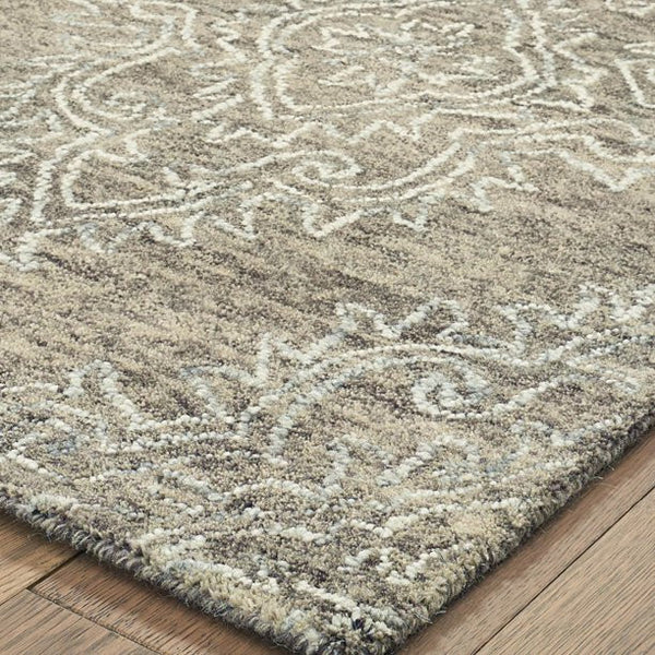 Homeroots 9' X 12' Khaki And White Damask Area Rug  Wool 395804