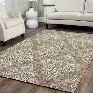 Homeroots 9' X 12' Khaki And White Damask Area Rug  Wool 395804
