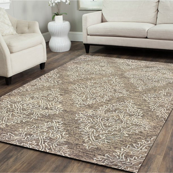 Homeroots 9' X 12' Khaki And White Damask Area Rug  Wool 395804