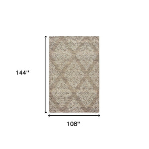 Homeroots 9' X 12' Khaki And White Damask Area Rug  Wool 395804