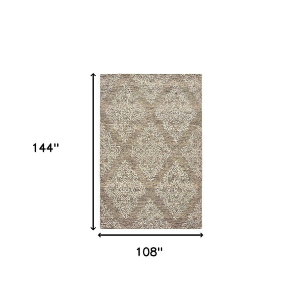 Homeroots 9' X 12' Khaki And White Damask Area Rug  Wool 395804