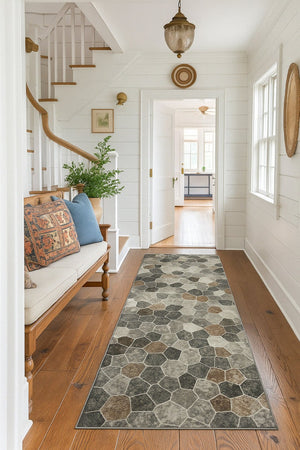 HomeRoots 2' Beige Cobblestone Pattern Runner Rug - Stylish, Durable, Low-Pile Design for High Traffic Areas 2'x 15' 395837