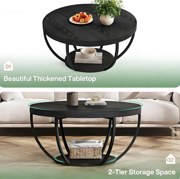 English Elm 2-tier Round Coffee Table Engineered Wood Top Arc Steel Legs Living Room Accent T3971P452225