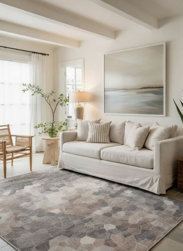 HomeRoots 2' Beige Cobblestone Pattern Runner Rug - Stylish, Durable, Low-Pile Design for High Traffic Areas 8' x 11' 395853