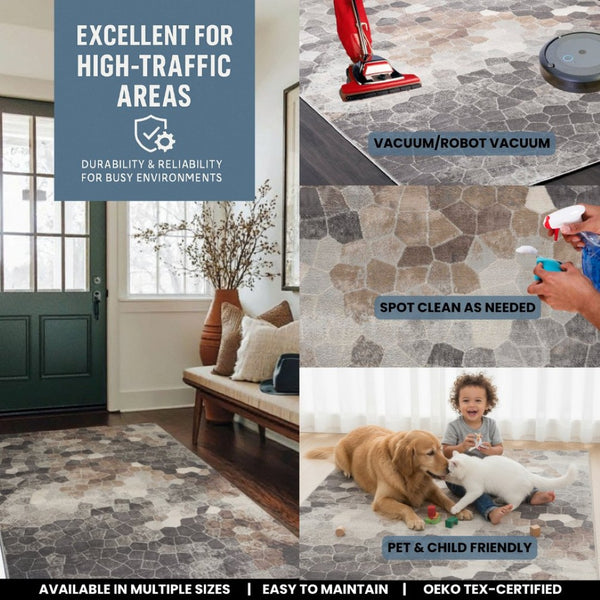 HomeRoots 2' Beige Cobblestone Pattern Runner Rug - Stylish, Durable, Low-Pile Design for High Traffic Areas 8' x 11' 395853