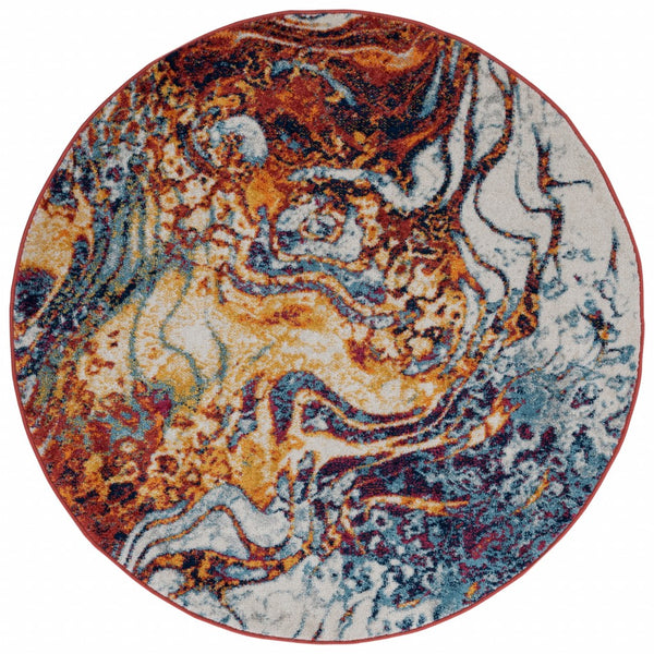 Homeroots 4' Round Brown And Blue Collision Area Rug  Polypropylene 395858