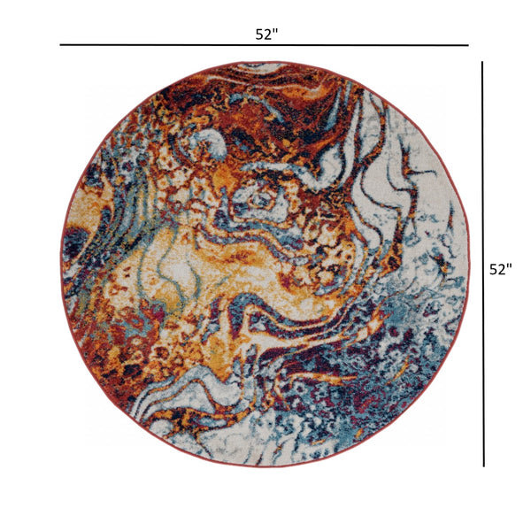 Homeroots 4' Round Brown And Blue Collision Area Rug  Polypropylene 395858