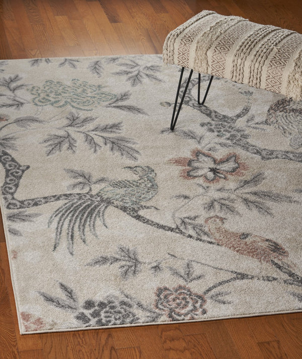 Homeroots 5' X 7' Soft Beige Birds And Trees Area Rug  Polypropylene 395895