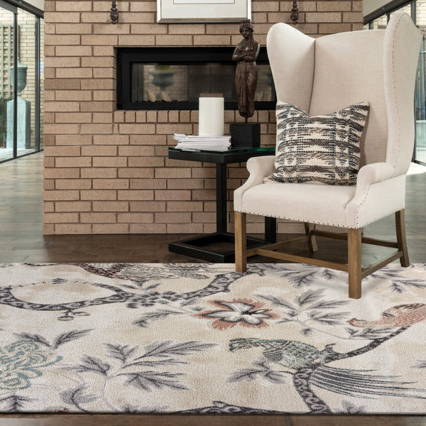 Homeroots 5' X 7' Soft Beige Birds And Trees Area Rug  Polypropylene 395895