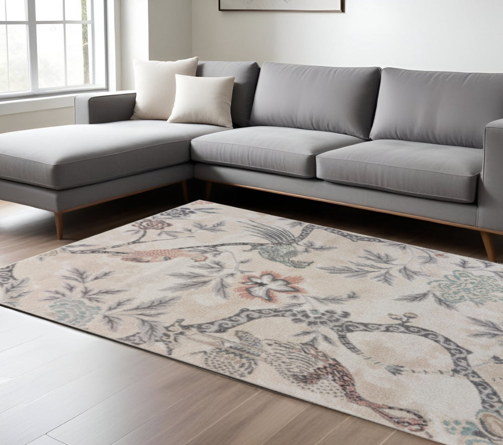 HomeRoots 8' Soft Beige Area Rug with Birds and Trees - Nature-Inspired Design for Modern and Traditional Spaces 8' X 10' 395896