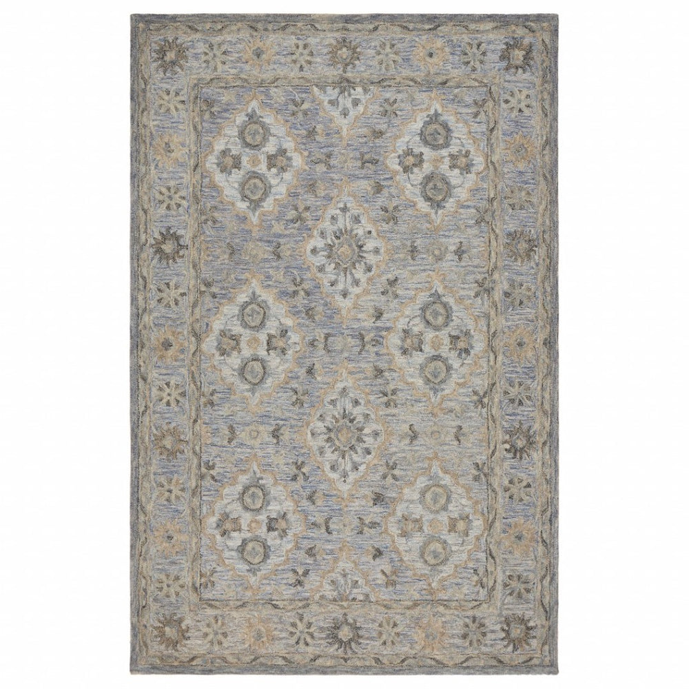 HomeRoots 5' Traditional Diamond Medallion Area Rug in Blue and Tan – Hand-Tufted Comfort for Any Room 5' X 8' 395908