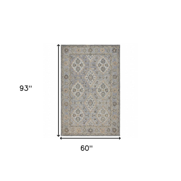 HomeRoots 5' Traditional Diamond Medallion Area Rug in Blue and Tan – Hand-Tufted Comfort for Any Room 5' X 8' 395908