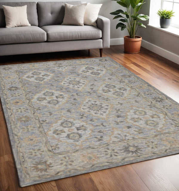 HomeRoots 5' Traditional Diamond Medallion Area Rug in Blue and Tan – Hand-Tufted Comfort for Any Room 5' X 8' 395908
