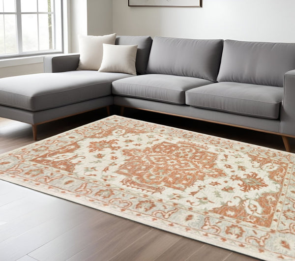 HomeRoots 9' Hand-Tufted Medallion Area Rug in Orange and Ivory - Elegant Comfort for Modern Living Spaces 9' X 12' 395916