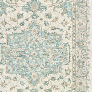 HomeRoots 5' Turquoise and Cream Medallion Area Rug - Plush, Hand-Tufted Wool Blend for Timeless Elegance 5' X 8' 395917