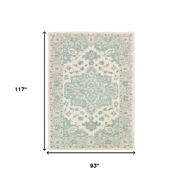 HomeRoots 8' Turquoise and Cream Medallion Area Rug - Hand-Tufted Elegance for Modern and Traditional Spaces 8' X 10' 395918
