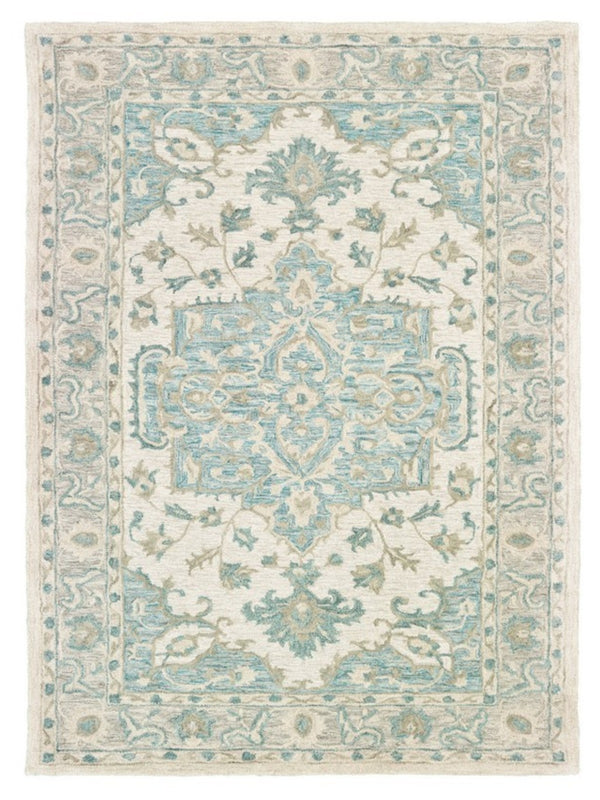 Homeroots 9' X 12' Turquoise And Cream Medallion Area Rug  Wool 395919