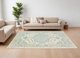 Homeroots 9' X 12' Turquoise And Cream Medallion Area Rug  Wool 395919