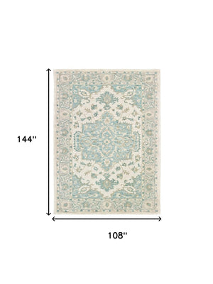 Homeroots 9' X 12' Turquoise And Cream Medallion Area Rug  Wool 395919