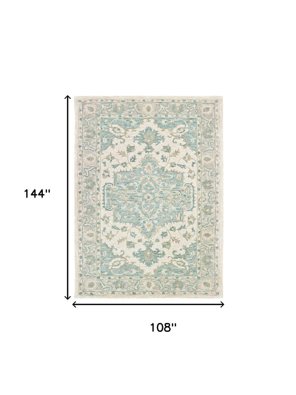 Homeroots 9' X 12' Turquoise And Cream Medallion Area Rug  Wool 395919