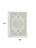 Homeroots 9' X 12' Turquoise And Cream Medallion Area Rug  Wool 395919