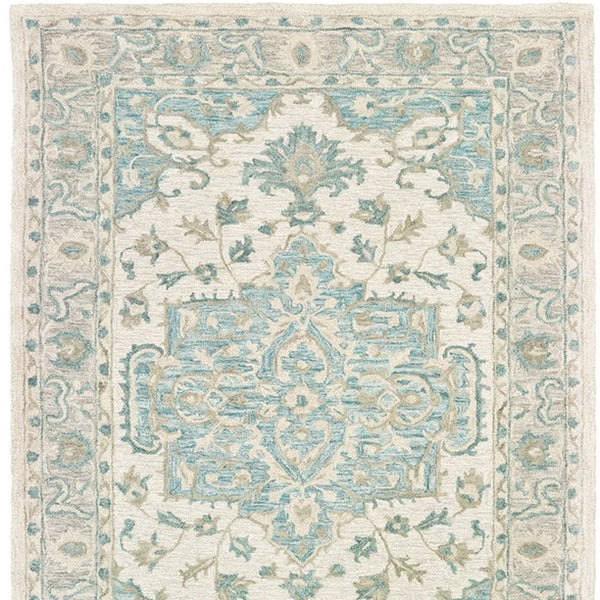 Homeroots 9' X 12' Turquoise And Cream Medallion Area Rug  Wool 395919