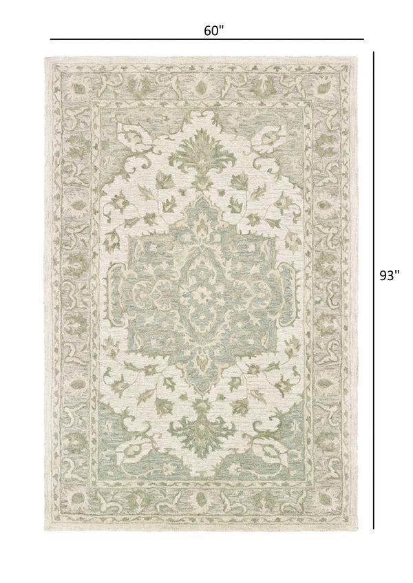 Homeroots 5' X 8' Green And Cream Medallion Area Rug  Wool 395920