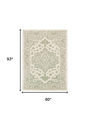 Homeroots 5' X 8' Green And Cream Medallion Area Rug  Wool 395920