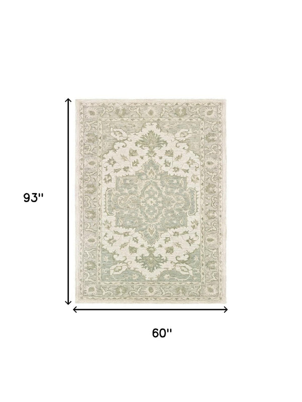 Homeroots 5' X 8' Green And Cream Medallion Area Rug  Wool 395920