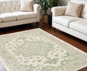 HomeRoots 8' Green and Cream Medallion Area Rug – Elegant Hand-Tufted Design for Timeless Home Decor Style 8' X 10' 395921