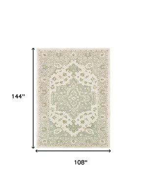 HomeRoots 8' Green and Cream Medallion Area Rug – Elegant Hand-Tufted Design for Timeless Home Decor Style 9' X 12' 395922