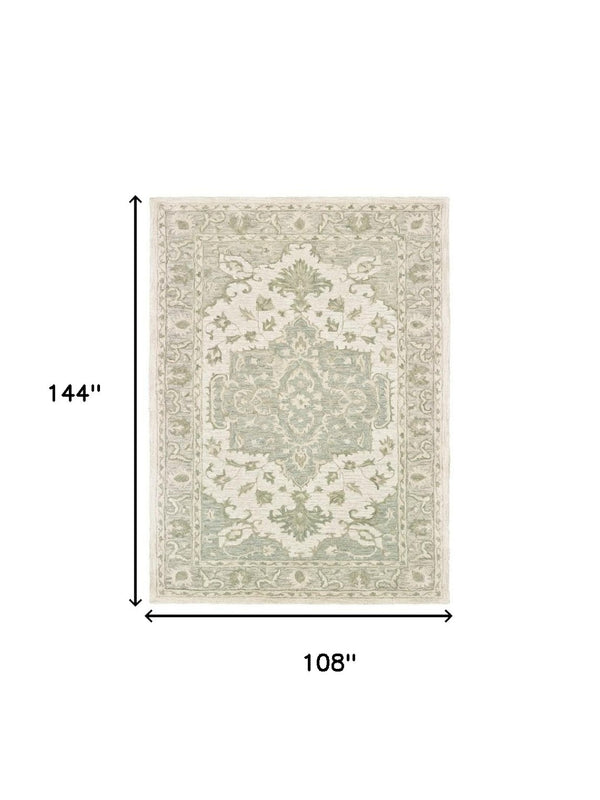 HomeRoots 8' Green and Cream Medallion Area Rug – Elegant Hand-Tufted Design for Timeless Home Decor Style 9' X 12' 395922