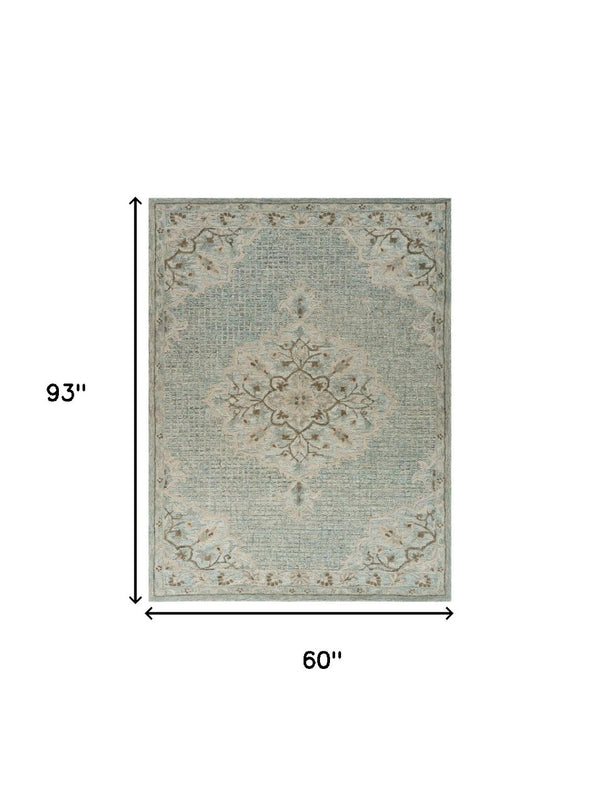 HomeRoots 5' Blue Wool Floral Medallion Hand-Tufted Area Rug - Artisan Crafted, Soft & Durable for Any Room 5' X 8' 395926