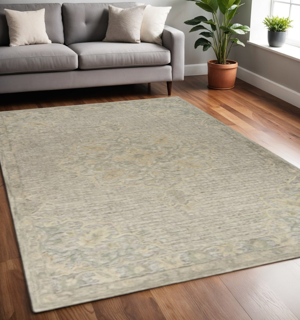 HomeRoots 5' Blue Wool Floral Medallion Hand-Tufted Area Rug - Artisan Crafted, Soft & Durable for Any Room 5' X 8' 395926