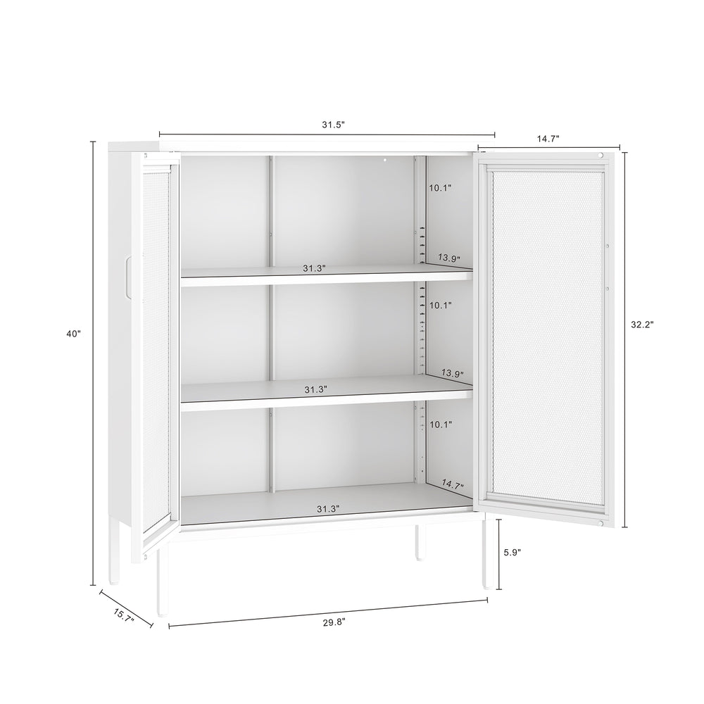 English Elm Amelia Metal Accent Cabinet 32" — Steel Mesh Doors, Adjustable Shelves, Minimalist Legs for Modern Storage Solutions White B365P397882
